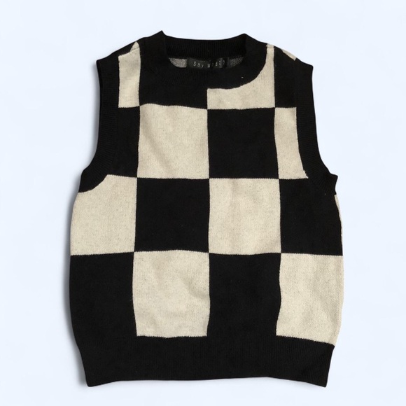 Retro Preppy Academia Black white checkered plaid sweater vest sleeveless grunge - Picture 1 of 6